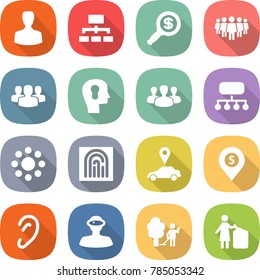 flat vector icon set - man vector, hierarchy, dollar magnifier, team, group, bulb head, structure, round around, fingerprint, car pointer, pin, ear, vr helmet, garden cleaning, garbage bin