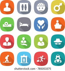 flat vector icon set - man vector, wc, bandaged head, male sign, reflector, hospital bed, health care, recieption, client, support manager, confidential, tourist, detector, vacuum cleaner