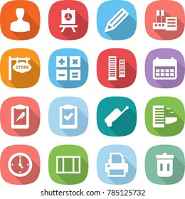 flat vector icon set - man vector, presentation, pencil, store, signboard, calculator, skyscrapers, calendar, clipboard pen, check, suitcase, hotel, watch, window, printer, trash bin