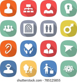 flat vector icon set - man vector, hierarchy, woman, bulb head, group, fingerprint, wc, male sign, ear, health care, client, deltaplane, vr helmet, garden cleaning, garbage bin, outsource