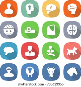 flat vector icon set - man vector, bulb head, brain, virtual mask, bandaged, reflector, broken hand, client, dog, vr helmet, sheep, cow, horse