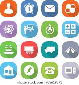flat vector icon set - man vector, alarm clock, mail, atom core, presentation, rocket, calculator, fountain, truck shipping, tent, home, electricity, phone, microwave oven