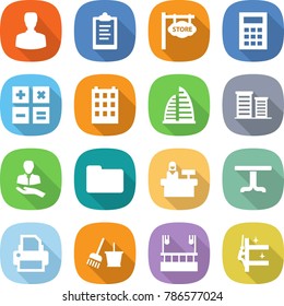 flat vector icon set - man vector, clipboard, store signboard, calculator, building, skyscraper, district, client, documents, reception, table, printer, bucket and broom, skysrcapers cleaning