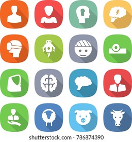 flat vector icon set - man vector, woman, bulb head, brain, virtual mask, jet robot, bandaged, reflector, broken hand, client, sheep, pig, cow