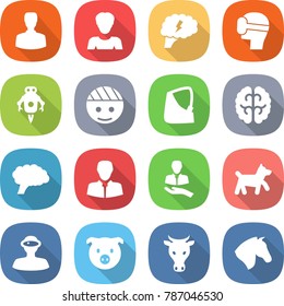 flat vector icon set - man vector, woman, brain, virtual mask, jet robot, bandaged head, broken hand, client, dog, vr helmet, pig, cow, horse