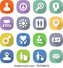flat vector icon set - man vector, target audience, dollar magnifier, bulb head, structure, round around, wc, pin, male sign, health care, client, check in, vr helmet, garbage bin, outsource