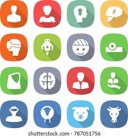 flat vector icon set - man vector, woman, bulb head, brain, virtual mask, jet robot, bandaged, reflector, broken hand, client, vr helmet, sheep, pig, cow