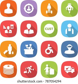 flat vector icon set - man vector, target audience, hoverboard, jet robot, architector, client, customs, workman, passenger, inspector, invalid, vr helmet, pancakes, vacuum cleaner, garbage bin