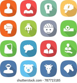 flat vector icon set - man vector, woman, bulb head, brain, virtual mask, jet robot, bandaged, reflector, broken hand, client, vr helmet, pig, cow, horse