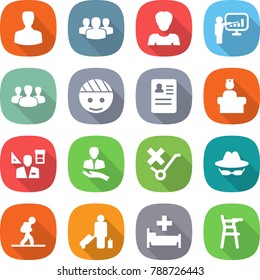 flat vector icon set - man vector, group, woman, presentation, bandaged head, anamnesis, hospital recieption, architector, client, do not trolley sign, confidential, tourist, passenger