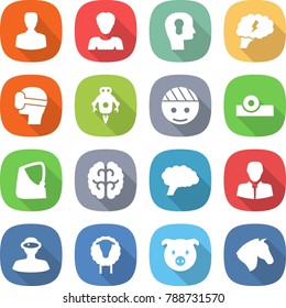 flat vector icon set - man vector, woman, bulb head, brain, virtual mask, jet robot, bandaged, reflector, broken hand, client, vr helmet, sheep, pig, horse