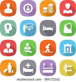 flat vector icon set - man vector, target audience, coin stack, woman, bulb head, presentation, hospital bed, broken hand, client, tourist, detector, passenger, skysrcapers cleaning, skyscrapers