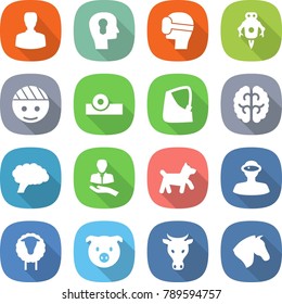 flat vector icon set - man vector, bulb head, virtual mask, jet robot, bandaged, reflector, broken hand, brain, client, dog, vr helmet, sheep, pig, cow, horse