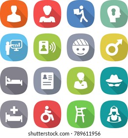 flat vector icon set - man vector, woman, courier, bulb head, presentation, pass card, bandaged, male sign, hospital bed, anamnesis, support manager, confidential, invalid, Chair for babies, cleaner