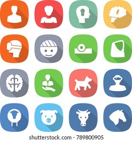 flat vector icon set - man vector, woman, bulb head, brain, virtual mask, bandaged, reflector, broken hand, client, dog, vr helmet, sheep, pig, cow, horse