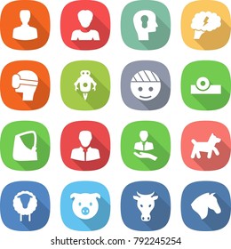 flat vector icon set - man vector, woman, bulb head, brain, virtual mask, jet robot, bandaged, reflector, broken hand, client, dog, sheep, pig, cow, horse