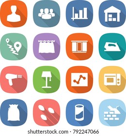 flat vector icon set - man vector, group, graph, warehouse, route, curtain, wardrobe, iron, hair dryer, floor lamp, analytics, grill oven, flour, seeds, cleanser powder, construct garbage