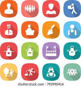flat vector icon set - man vector, team, woman, courier, doctor, hospital recieption, construction, workman, apron, skysrcapers cleaning, garden, vacuum cleaner, outsource