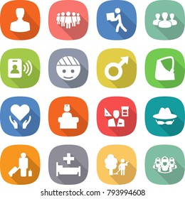 flat vector icon set - man vector, team, courier, group, pass card, bandaged head, male sign, broken hand, health care, hospital recieption, architector, confidential, passenger, garden cleaning