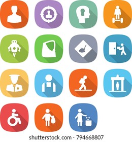 flat vector icon set - man vector, target audience, bulb head, hoverboard, jet robot, broken hand, under construction, courier delivery, security, workman, tourist, detector, invalid, trash