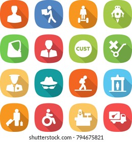 flat vector icon set - man vector, courier, hoverboard, jet robot, broken hand, client, customs, do not trolley sign, security, confidential, tourist, detector, passenger, invalid, reception