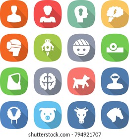 flat vector icon set - man vector, woman, bulb head, brain, virtual mask, jet robot, bandaged, reflector, broken hand, dog, vr helmet, sheep, pig, cow, horse