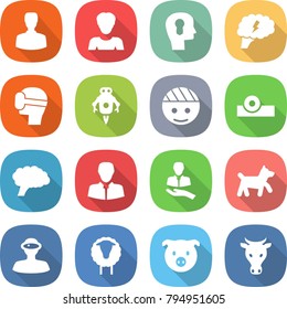flat vector icon set - man vector, woman, bulb head, brain, virtual mask, jet robot, bandaged, reflector, client, dog, vr helmet, sheep, pig, cow