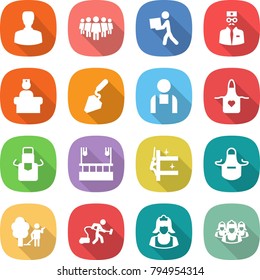flat vector icon set - man vector, team, courier, doctor, hospital recieption, construction, workman, apron, skysrcapers cleaning, skyscrapers, garden, vacuum cleaner, outsource