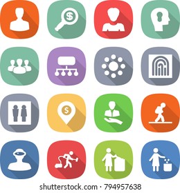 flat vector icon set - man vector, dollar magnifier, woman, bulb head, group, structure, round around, fingerprint, wc, pin, client, tourist, vr helmet, vacuum cleaner, garbage bin