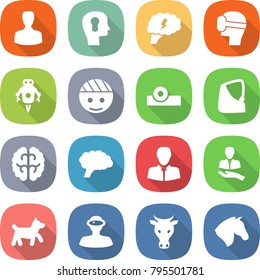 flat vector icon set - man vector, bulb head, brain, virtual mask, jet robot, bandaged, reflector, broken hand, client, dog, vr helmet, cow, horse