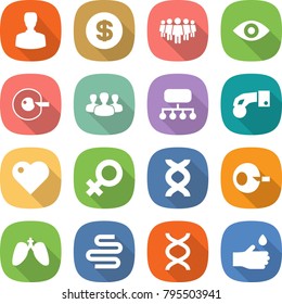 flat vector icon set - man vector, dollar, team, eye, cell corection, group, structure, hand coin, heart, female sign, dna, artificial insemination, lungs, intestines, drop