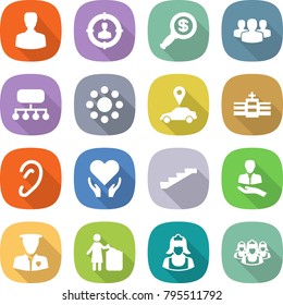 flat vector icon set - man vector, target audience, dollar magnifier, group, structure, round around, car pointer, hospital, ear, health care, stairs, client, security, garbage bin, cleaner