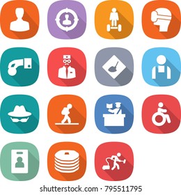 flat vector icon set - man vector, target audience, hoverboard, virtual mask, hand coin, doctor, under construction, workman, confidential, tourist, inspector, invalid, identity card, pancakes