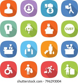 flat vector icon set - man vector, target audience, money gift, courier, bulb head, jet robot, hospital recieption, customs, control, workman, passenger, inspector, invalid, trash, vacuum cleaner