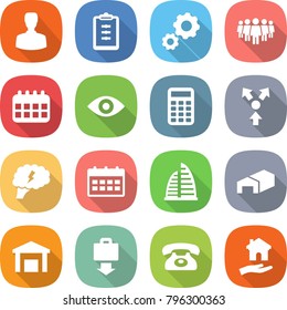 flat vector icon set - man vector, clipboard, gear, team, calendar, eye, calculator, core splitting, brain, skyscraper, warehouse, baggage get, phone, housing