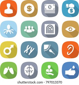 flat vector icon set - man vector, dollar, money, gift, virus, group, fingerprint, eye, male sign, chromosomes, sperm, ear, lungs, brain, client, hand drop