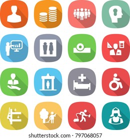flat vector icon set - man vector, coin stack, team, bulb head, presentation, wc, reflector, architector, client, detector, hospital, invalid, skyscrapers cleaning, garden, vacuum cleaner