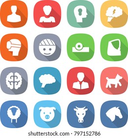flat vector icon set - man vector, woman, bulb head, brain, virtual mask, bandaged, reflector, broken hand, client, dog, sheep, pig, cow, horse