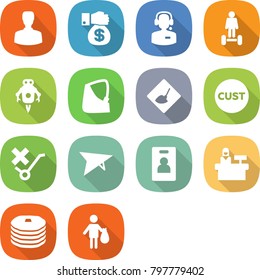 flat vector icon set - man vector, money gift, call center, hoverboard, jet robot, broken hand, under construction, customs, do not trolley sign, deltaplane, identity card, reception, pancakes