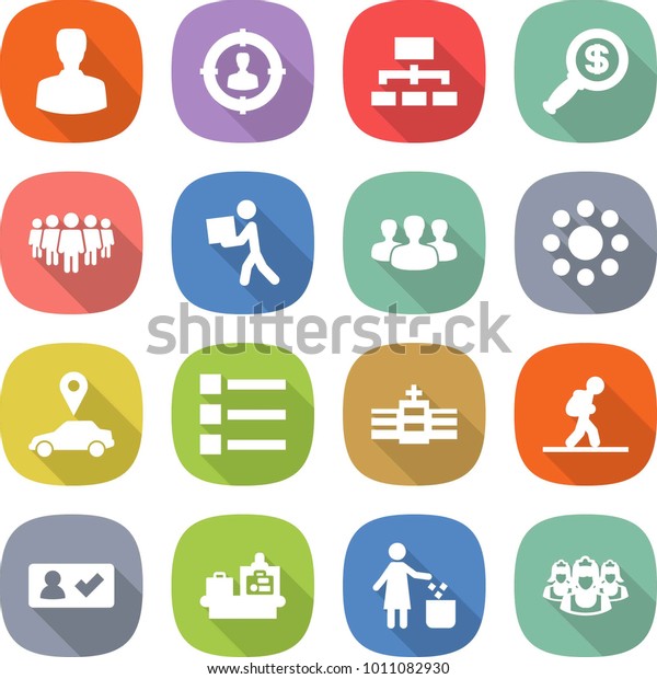 flat vector icon set - man vector, target audience,\
hierarchy, dollar magnifier, team, courier, group, round around,\
car pointer, list, hospital, tourist, check in, baggage checking,\
garbage bin