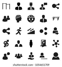 Flat vector icon set - manager vector, man, horizontal bar, stairways run, client, speaking, social media, group, gender sign, head bandage, medical room, doctor, share, login, consumer
