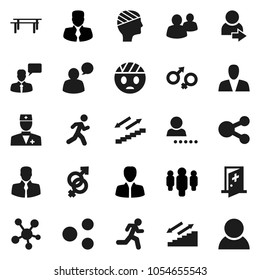 Flat vector icon set - manager vector, man, horizontal bar, stairways run, client, speaking, social media, group, doctor, gender sign, head bandage, medical room, share, login, consumer