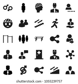 Flat vector icon set - manager vector, man, horizontal bar, stairways run, client, speaking, social media, group, doctor, gender sign, head bandage, medical room, share, login, consumer