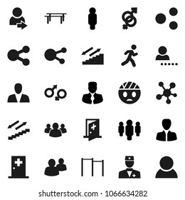 Flat vector icon set - manager vector, man, horizontal bar, stairways run, social media, group, doctor, gender sign, head bandage, medical room, share, login, consumer