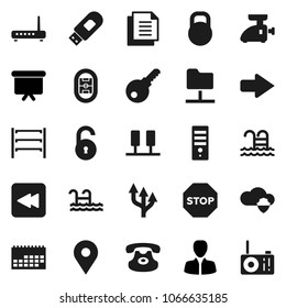 Flat vector icon set - manager vector, presentation board, pool, stadium, map pin, calendar, document, weight, shelving, classic phone, backward button, server, network folder, cloud shield, arrow