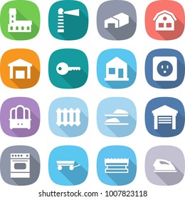 flat vector icon set - mansion vector, lighthouse, warehouse, house, key, home, power socket, dresser, radiator, slippers, garage, oven, trailer, sponge, iron