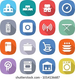 flat vector icon set - mansion vector, block wall, japanese house, barometer, remote control, ring button, wireless, iron board, fridge, pan, rocking chair, plate washing, elecric oven, utility room