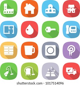 flat vector icon set - mansion vector, home, japanese house, plan, drop, key, intercome, chest of drawers, cup, ring button, elecric oven, vacuum cleaner, clean floor, call cleaning