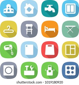 flat vector icon set - mansion vector, smart house, water tap, power switch, hanger, chair, bed, iron board, mixer, cutting, window, ring button, repair tools, apron, hob