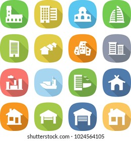 flat vector icon set - mansion vector, houses, skyscraper, modern architecture, district, city, sea shipping, hotel, bungalow, home, garage, house